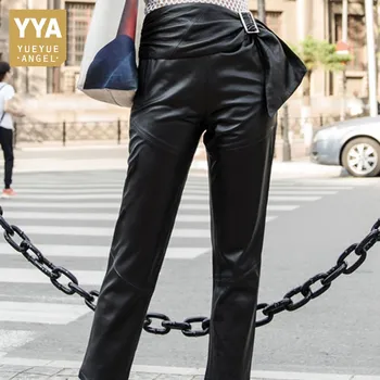

Personality Sashes Genuine Leather Womens Sheepskin Trousers Fashion Straight High Waist Female Ankle Length Pants Plus Size