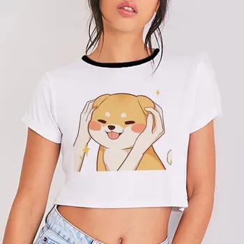 

Kawaii Cute Shiba Inu Harajuku Graphic Tee Crop Top Women T-shirt Aesthetic T Shirt Crew Neck Summer New Short Clothes For Women