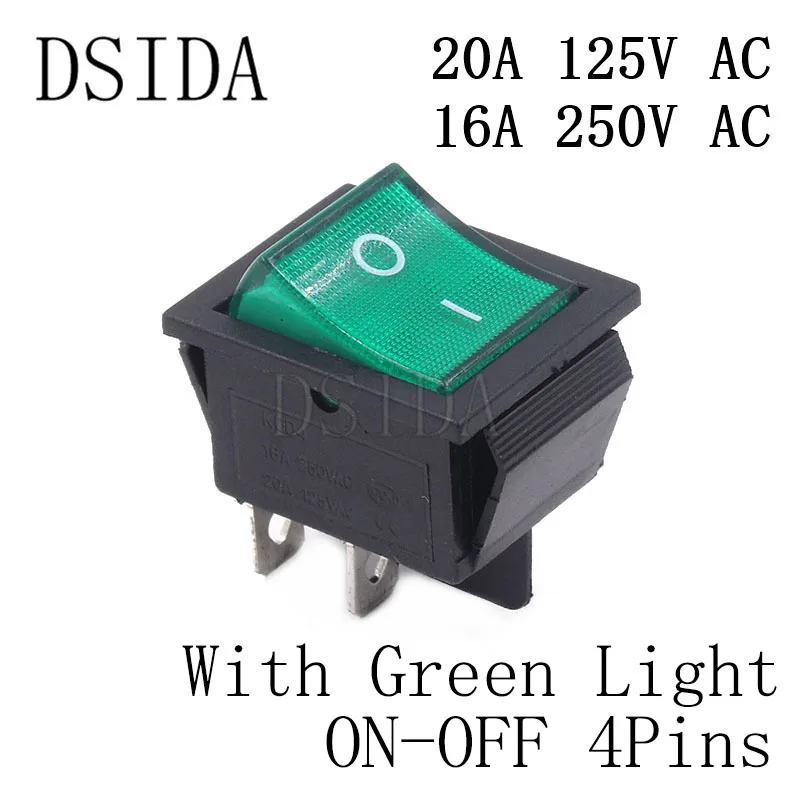 Green ON-OFF 4Pins KCD4 кулисный переключатель ВКЛ-ВЫКЛ двухсторонний 2 положения 4 контакта/6 контактов электрическое оборудование с выключатель света 16A 250VAC/20A 125VAC - Цвет: Green ON-OFF 4Pins