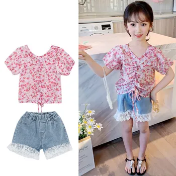 

Fashion Teenager Girl Set 2020 Summer Kids Floral Print Crop Top Children V-neck Clothing Lace Shorts Suit 2Pcs Princess Clothes