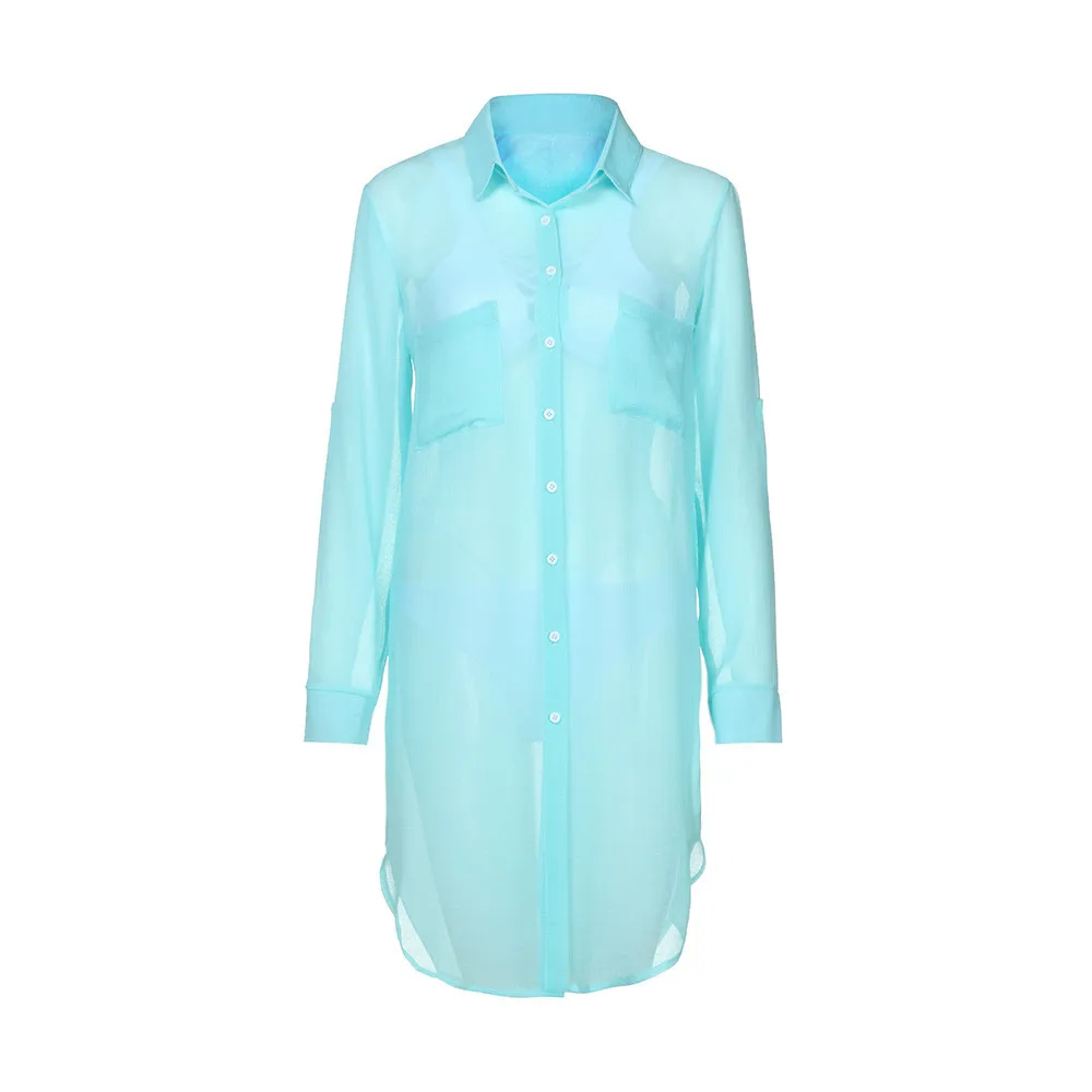 Women Beach Cover Up Button Down Pocket Shirts Sunscreen Bikini Swimsuit Blouse майка женская women haut femme#4