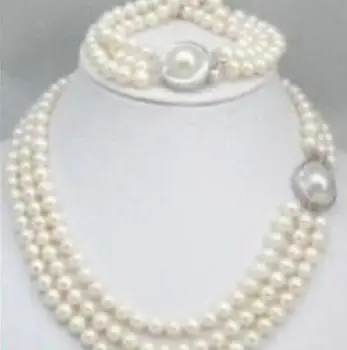 

Jewelry Free Shipping 3 Row 7-8mm south sea White Mother Pearl Necklace Bracelet set Mabe Clasp