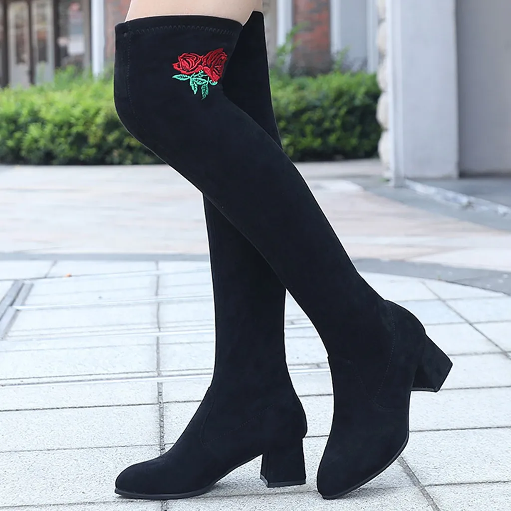 Обувь модные женские ботинки zapatos de mujer; женские ботильоны выше колена Повседневные высокие сапоги-трубы на высоком квадратном каблуке с круглым носком