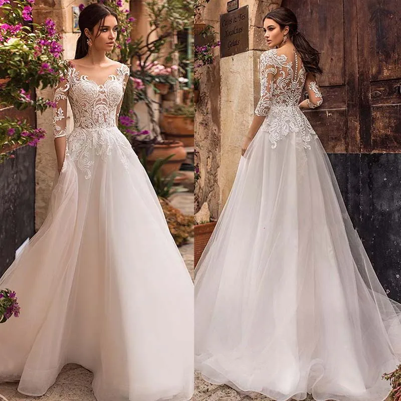 Vestido De Noiva Винтаж из кружева, с вырезом на шее свадебное платье с аппликацией Иллюзия Половина рукава А-силуэт свадебные платья