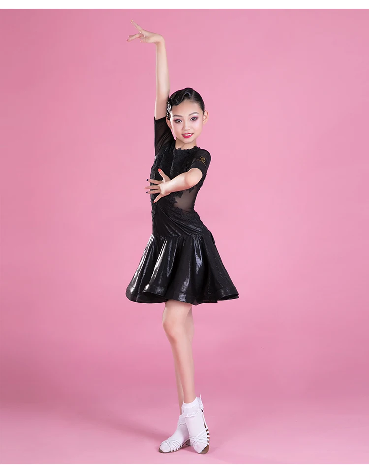 Черный туфли для латинских танцев, платье с кружевным детских платьев с кружевами для девочек; костюм для профессиональных танцев детское платье для танцев ча-ча в латинском стиле для детей платья BL2492