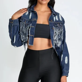 

Hole tassel short women's jacket backless sexy denim jacket women jean coat 2020