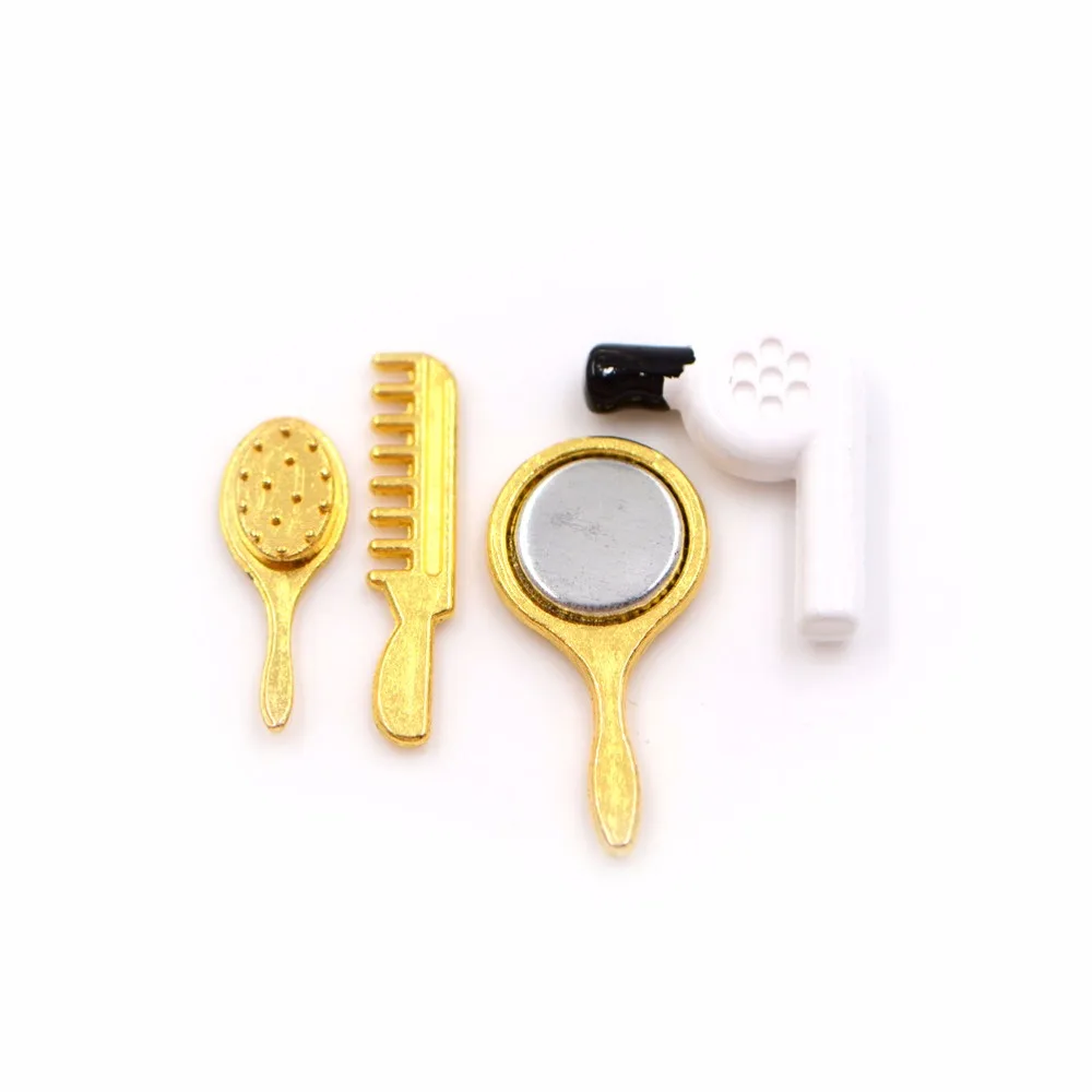 4pcs Set 1/12 Dollhouse Miniature Practical Bathroom Accessory Comb Hair Dryer Mirror Model Building Kits Kids Toys