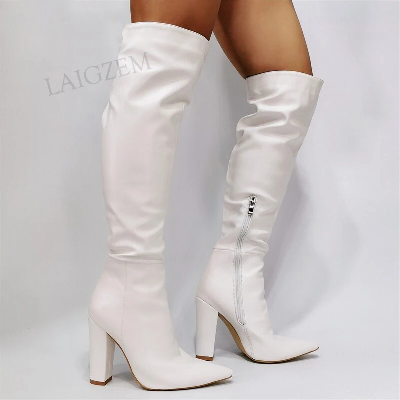 

SEIIHEM SUPER Women Knee High Boots Block Chunky High Heels Side Zip Over Knee Boot Faux Leather Shoes Woman Big Size 43 46 47
