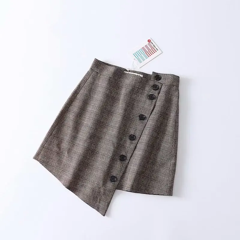

18 Europe And America Non-symmetrical Button Irregular Retro High-waisted Women's Solid Plaid Half-length Short Skirt Skirt