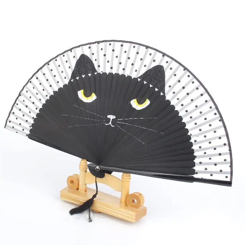 Лето милый кот шелк бамбук ручная роспись мультфильм кошка складной веер вечерние(черный