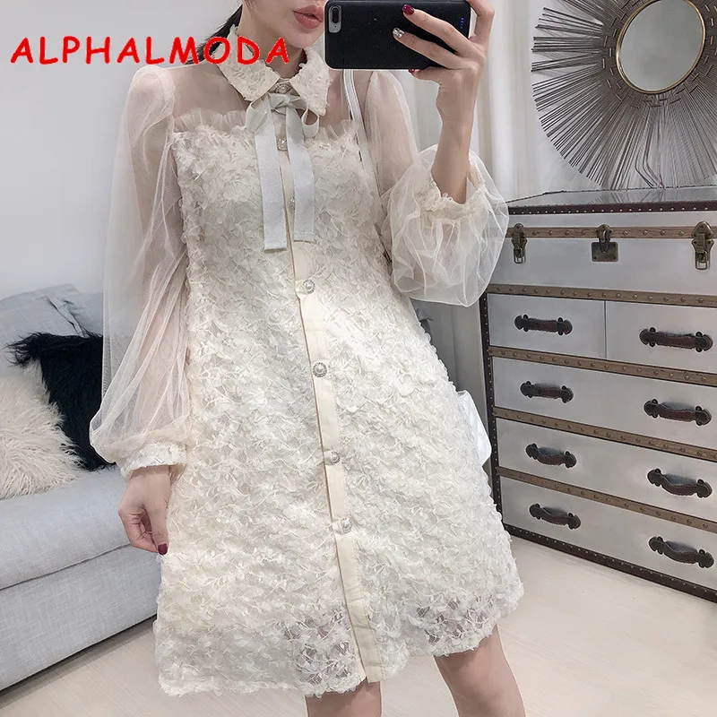 

ALPHALMODA Fairy Mesh Splicing Lace Long-sleeved Dress Turn-down Collar Single Breasted Sashes A-line Women Sweet Autumn Dress