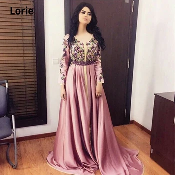 

LORIE Pink Moroccan Kaftan Dubai Evening Dresses Lace Applique Velour Saudi Arabic Muslim Special Occasion Party Gowns Plus Size