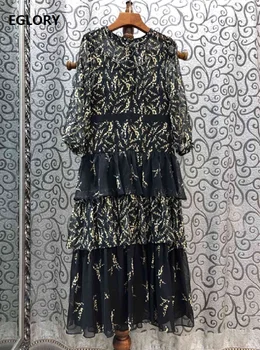 

Top Quality Silk Dress 2020 Summer Style Women Yellow Floral Prints Cascading Ruffle Patchwork 3/4 Sleeve Mid-Calf Dress Vestido