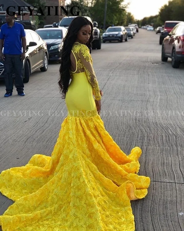 Сексуальные v-образным вырезом 3D цветы желтые африканские платья для выпускного вечера с длинным рукавом суд Поезд черные платья на выпускной для девушек Длинные вечерние платья