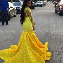Сексуальные v-образным вырезом 3D цветы желтые африканские платья для выпускного вечера с длинным рукавом суд Поезд черные платья на выпускной для девушек Длинные вечерние платья