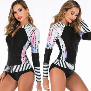 

Womens Long Sleeve Rash Guard UV Sun Protection Printed Zipper Swimming Surfing One Piece Swimsuit Bathing Suit Body Suit