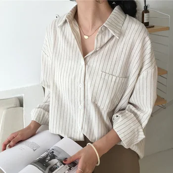 

Women Stripe Blouse Shirts Batwing Long Sleeve Loose Boyfriend Shirt Pocket Spring Summer Office Lady Blouses Ropa Mujer 2020