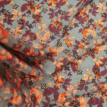 

114CM 16MM Orange Leaves Print Thin Gray Silk Crepe De Chine Fabric for Summer Dress Blouse Skirt Shirt Scarf Pants J235