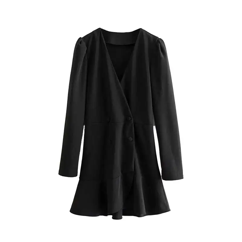 Vadim, Женская стильная офисная одежда, мини платье с пышными рукавами, двубортное, v-образный вырез, Женские повседневные элегантные черные платья, vestidos QC919 - Цвет: black