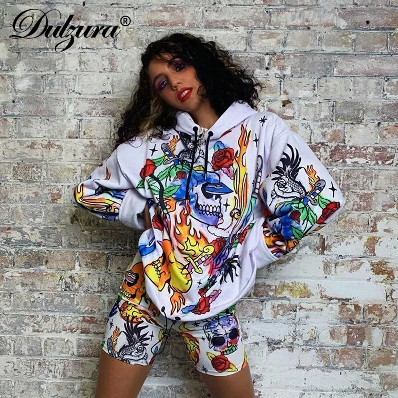 Skup Dulzura 2019 jesienno zimowa damska długa bluza pulower ponadgabarytowa moda uliczna z kapturem odzież festiwalowa gothic flame print loose