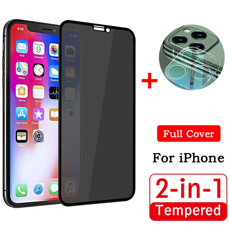 2 in 1 Private Tempered Glass For iPhone 12 11 Pro Max 7 8 Plus Full Cover Screen Protector XS MAX XR 6 6S Anti-spy | Мобильные