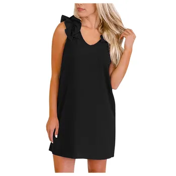 

Vestidos Mujer 2020 Verano Dress Women Fashion V Neck Sleeveless Pleated Shoulder Casual Mini Tank Dresses Summer Dress