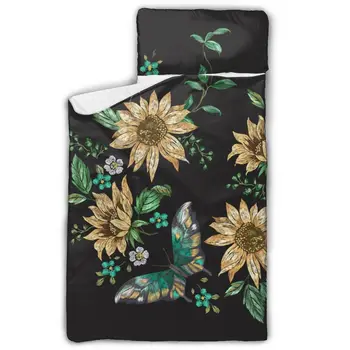 

Toddler Rolled Nap Mat Pad Anti-kick Quilt Artifact with Removable Pillow Embroidery Sunflowers And Butterfly Baby Sleeping Bag