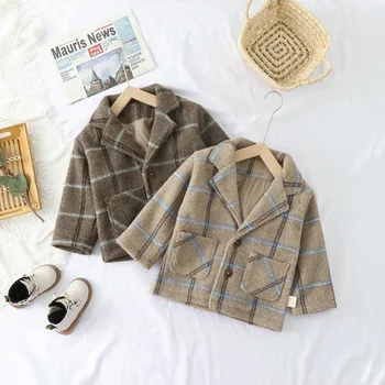 

Winter Baby Boys Thick Woolen Plaid Lapel Collar Trench Jackets Children Kids Outerwear England Style Blazers Coats