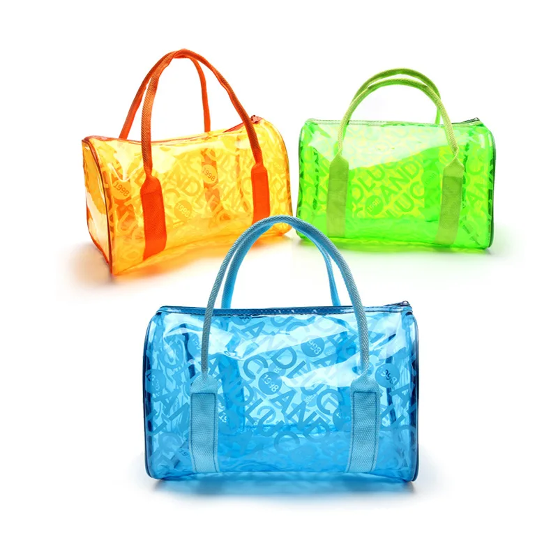 Women Summer Candy Color Clear Beach Tote Bags Large Stripe PVC Swim Handbag Jelly Bag