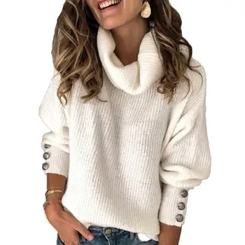 

Trendy Korean women's temperament pullover Women Autumn Winter Solid Color Turtle Neck Buttons Cuff Warm Pullover Sweater