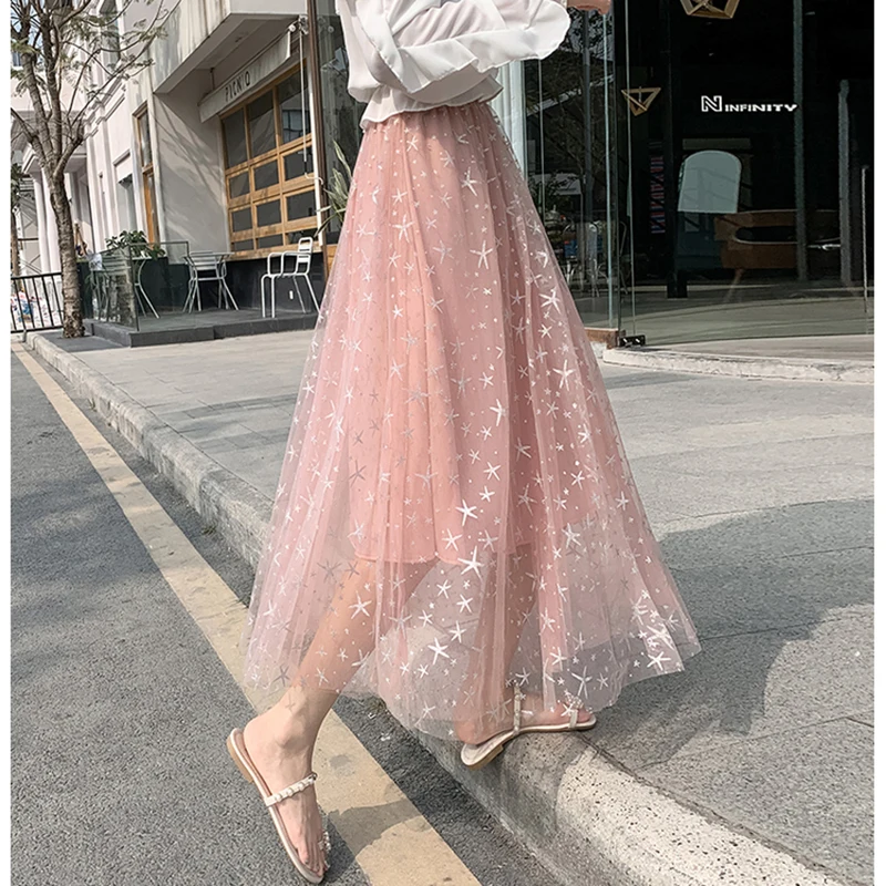 

Star mesh yarn skirt women's faldas mujer moda 2020 new pettiskirt mid-length a-line skirt high waist jupe longue femme spodnice