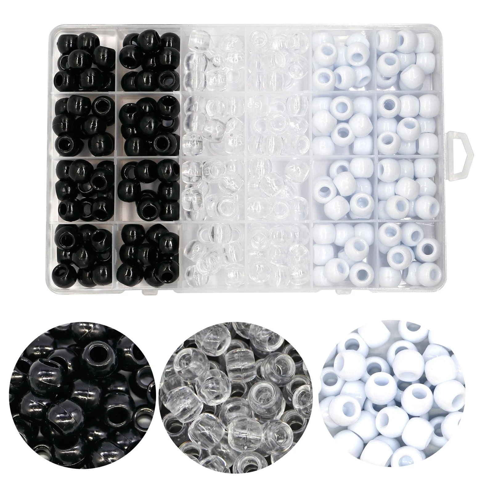 1Box Assorted DIY Craft Beads, 240 Pcs Mixed Color Clear White Black Round Pony Beads 12x10mm Hair Braid Dreadlocks Beads