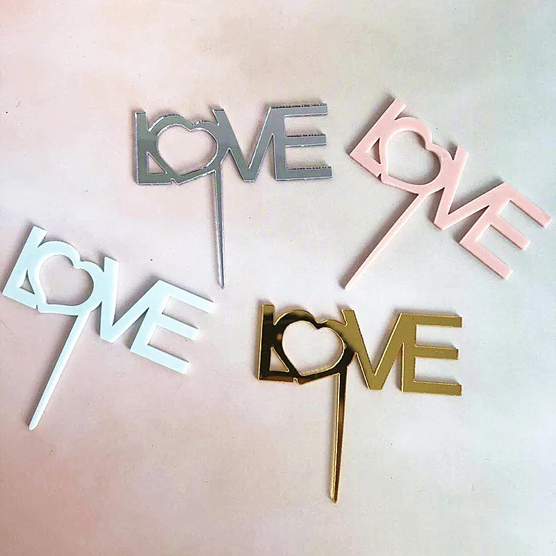 

2pcs INS New Love Wedding Acrylic Cake Topper Heart Gold Pink Cupcake Topper For Wedding Valentine's Day Party Cake Decorations