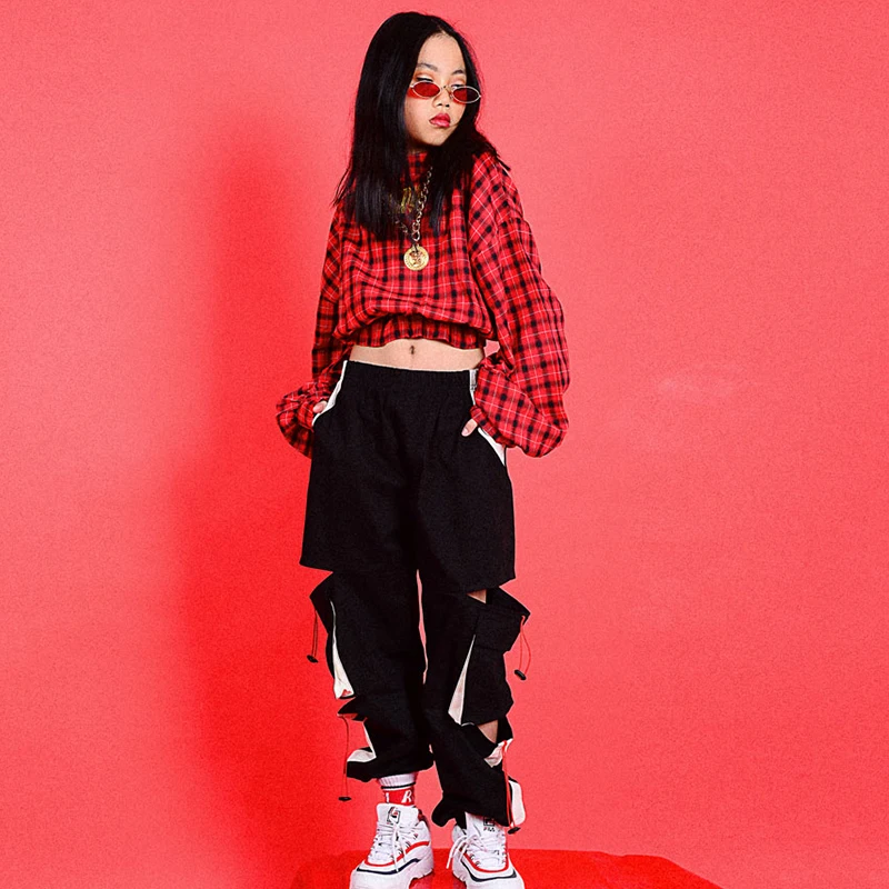 Hip Hop Costumes Girls Jazz Clothing Red Plaid Top Black Hole Pants Street Dancing Rave Outfit Modern Stage Show Wear Kid DN4618 |