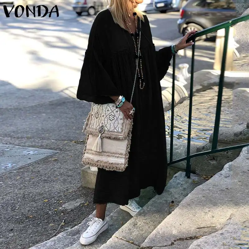 Большие размеры Макси длинное платье VONDA летнее сексуальное платье с v-образным вырезом и длинными рукавами для вечеринок повседневное свободное пляжное открытое легкое платье 5XL Vestidos