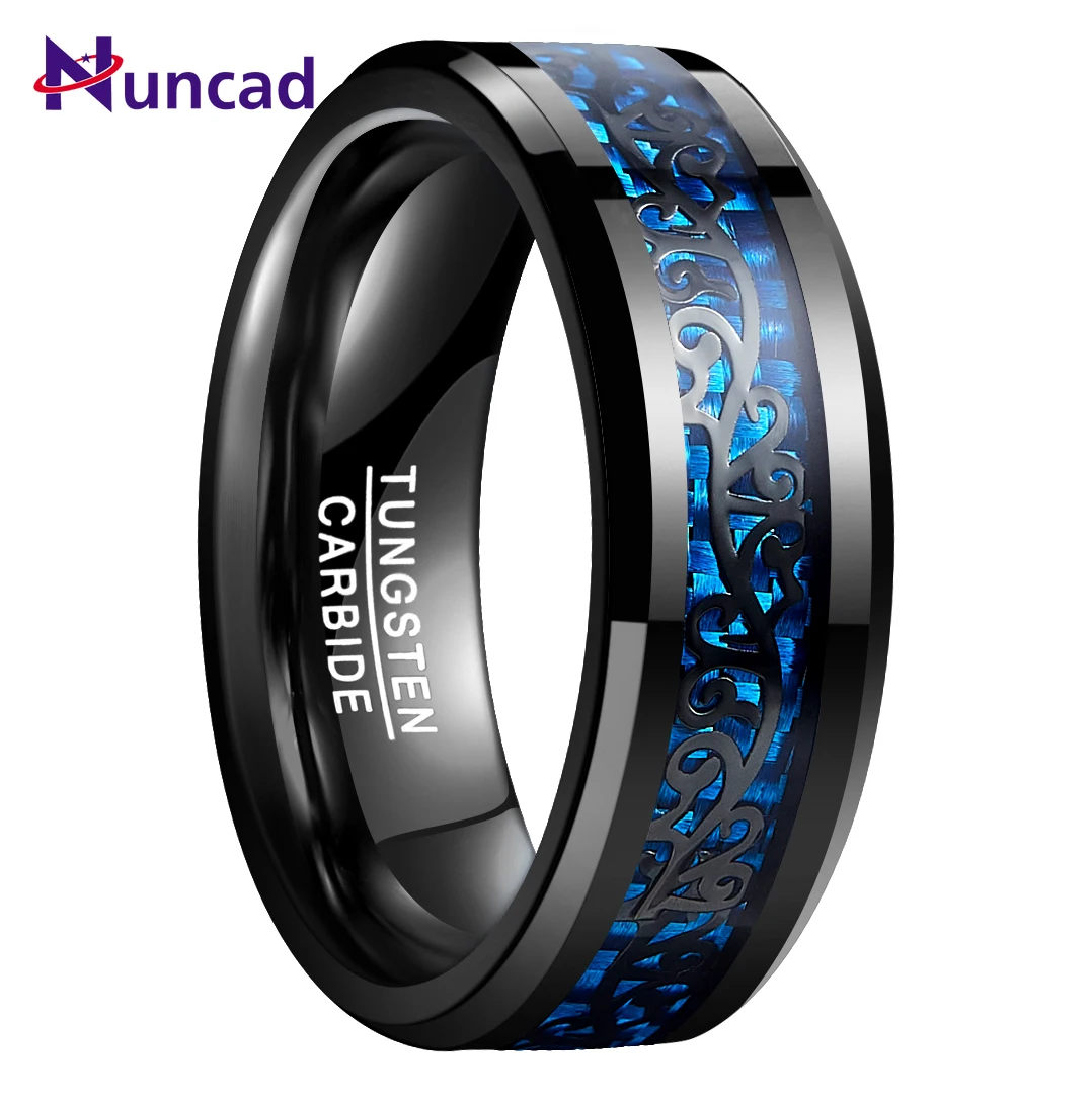 Black 8mm Size N to Z Nuncad Unisex Tungsten Ring with Damascus Pattern Metallic