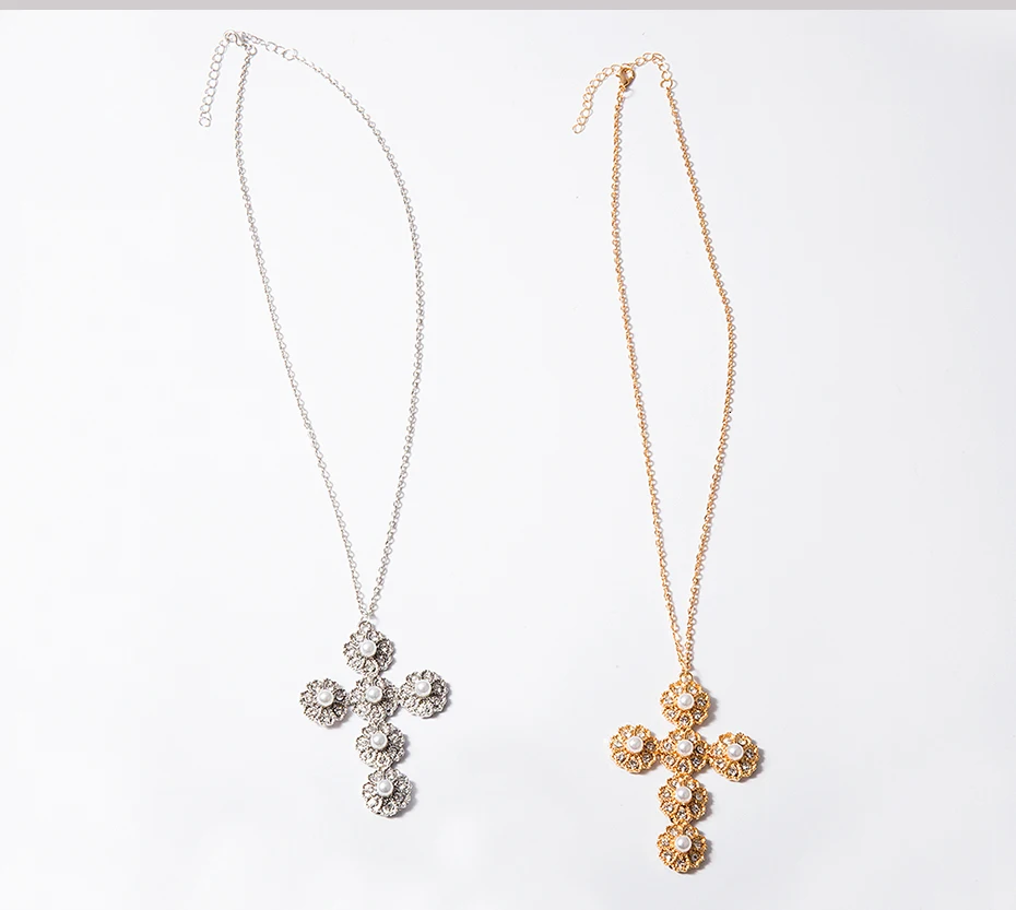 SHIXIN, модное корейское ожерелье с большим крестом, подвеска, панк, золото/серебро, длинная цепочка, ожерелье с жемчужным крестом, женский подарок