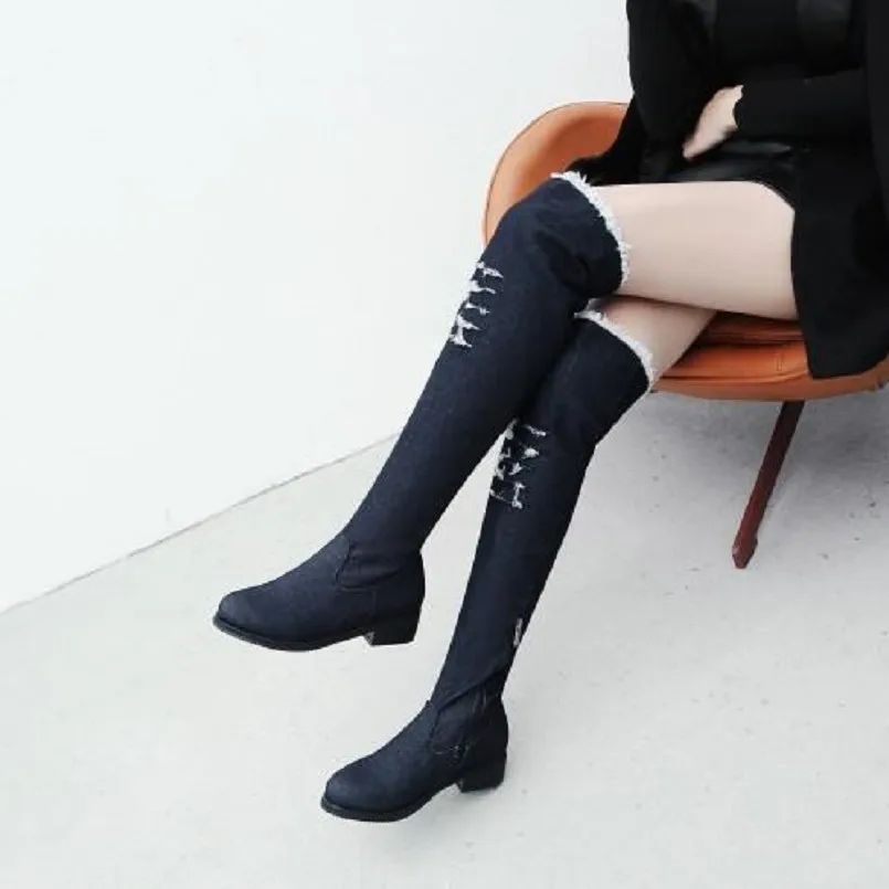 Bottes Femmes Chaussures Femmes Для женщин Модный небесно-голубой высокое качество полусапожки визуально увеличивающие рост; Модные женские босоножки темно-синие джинсы Высокие зимние сапоги G6095