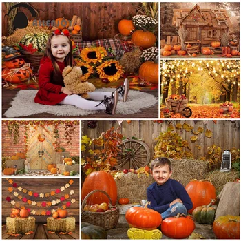 

Allenjoy autumn photography backdrop fall forest leaves wood house pumpkins barn hay children photo studio Background photocall