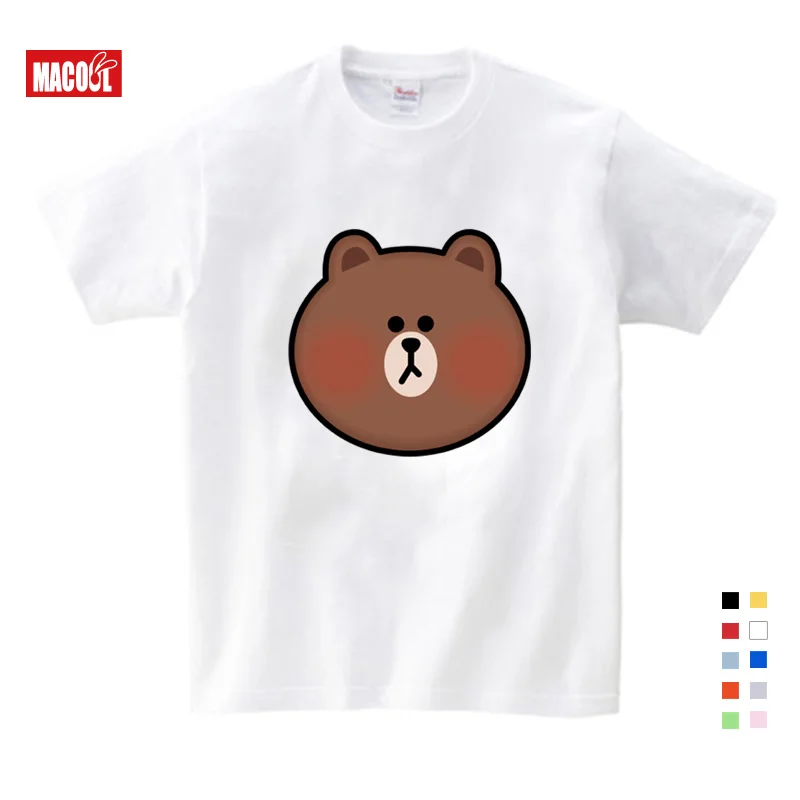 

New Cotton High-grade Print Summer Girls Cartoon Brown Bear Head Portrait Print T-Shirt Children's Short Sleeve White T Shirt