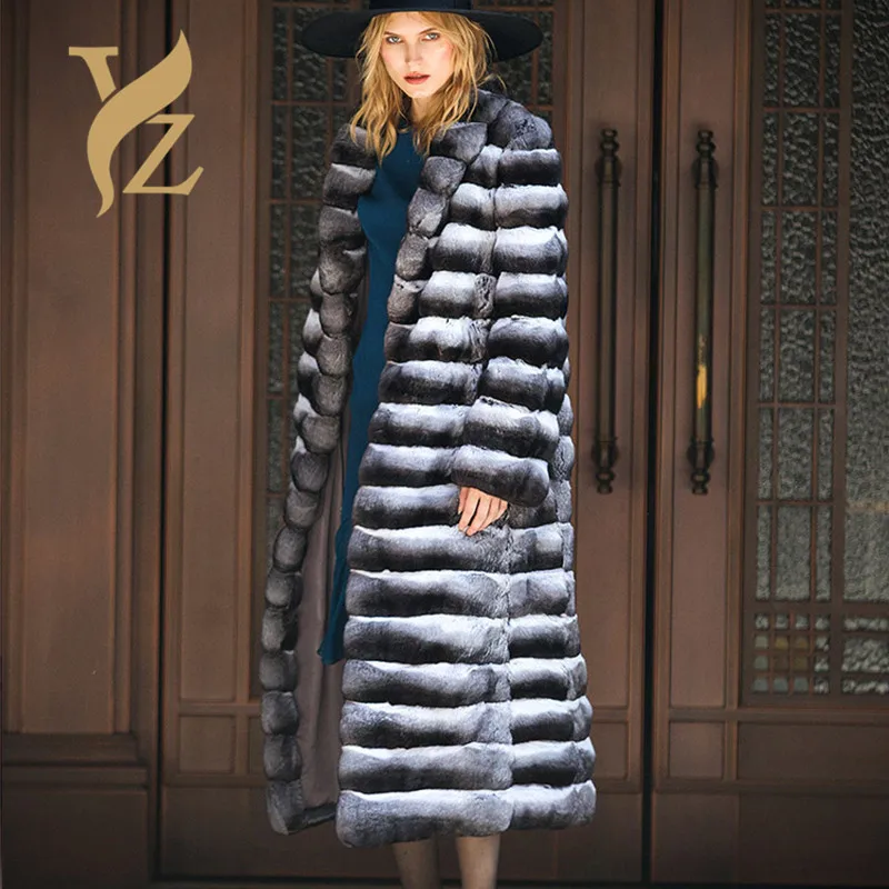 Hot Women Real Fur Coat Stand-Collar Rex Rabbit Jacket Full Pelt Fur Chinchilla Color Winter Thick Warm Women Coat