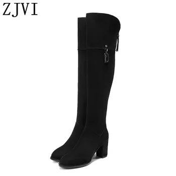 

ZJVI woman suede genuine leather over the knee boots women winter thigh high heels for girls ladies black shoes 2019 new