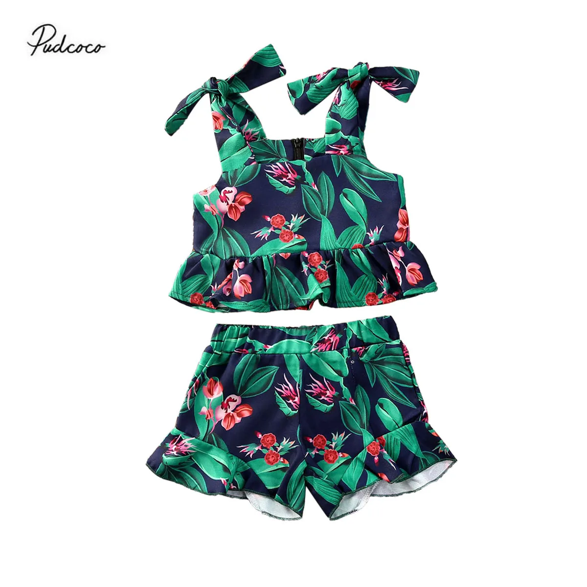 2020 Summer Holiday Baby Girl Clothes Green Leaves Print Ruffle Crop