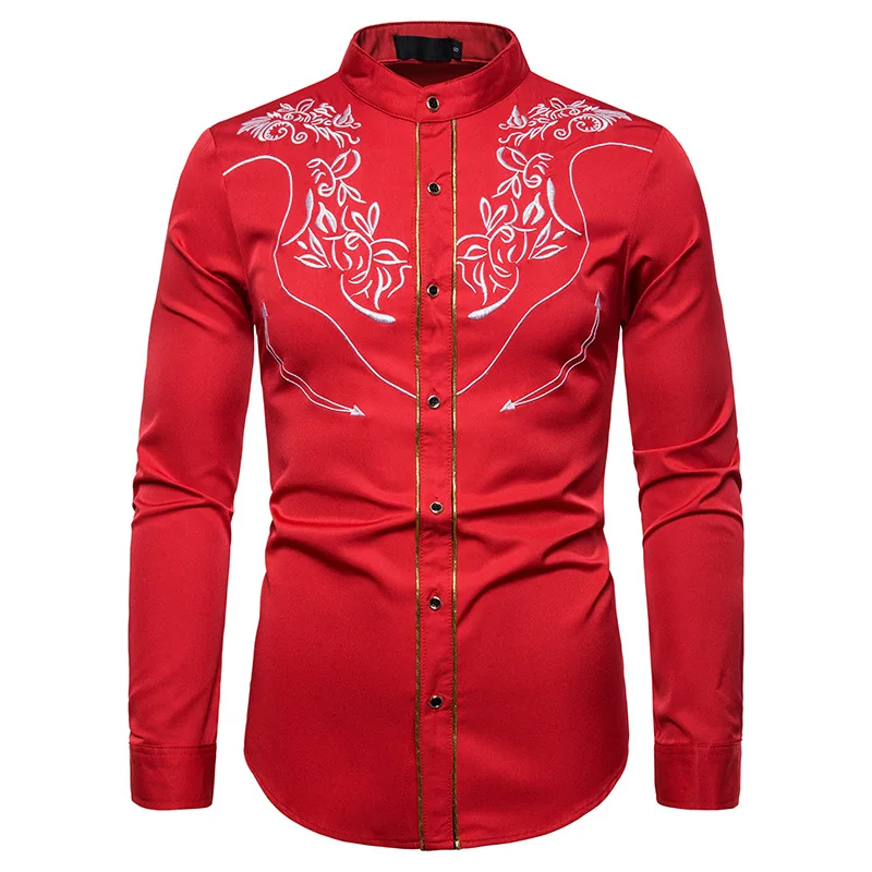 Мужская Ковбойская Рубашка в западном стиле, стильные, с вышивкой, облегающие, с длинным рукавом, вечерние мужские рубашки, фирменный дизайн, для банкета, на пуговицах, мужская рубашка - Цвет: Red