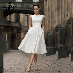 SoDigne Short Weddinmg Dress With Sleeves Sexy Simple Open Back Wedding Gown Boho Bridal Women Party Gowns With Pockets