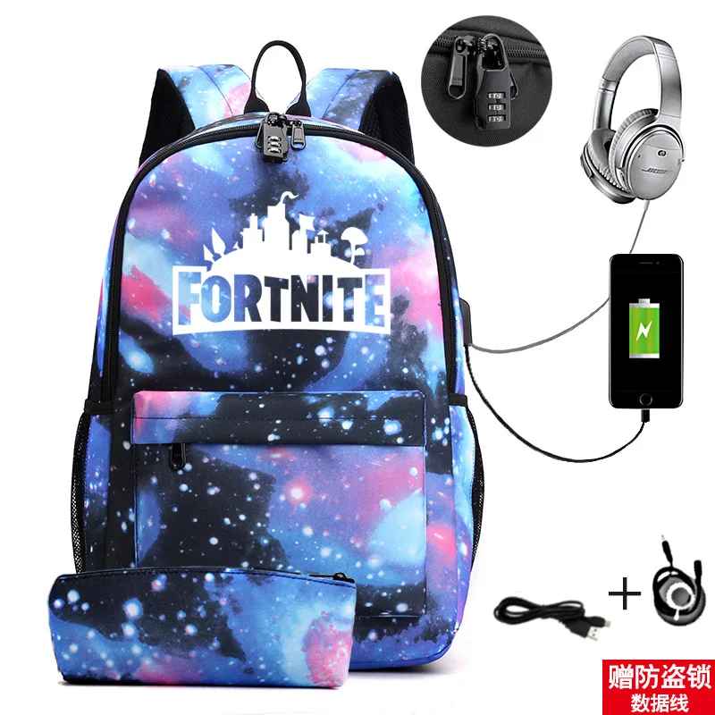 Fortnite-mochila antirrobo con carga USB para mujer, resistente al agua morral escolar, escolar, para adolescentes, niñas y niños