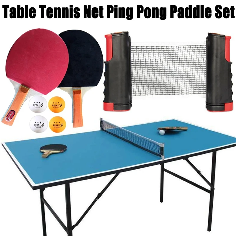 Portable Table Tennis Net Racket Set Telescopic Ping Pong Net Rack With 2 Table Tennis Paddle 4pcs Balls Kit