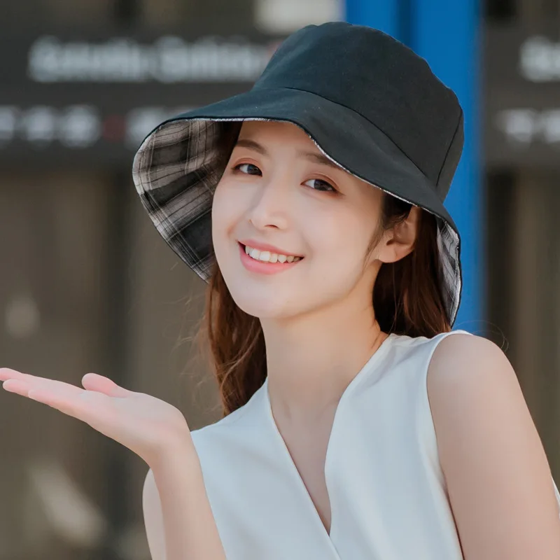 T101-3 Dilidala Double-sided Plaid Fabric Fisherman Hat Casual Folding Basin Cap Hat Female Summer Ladies Travel Sunscreen Visor Female - Цвет: T101-3