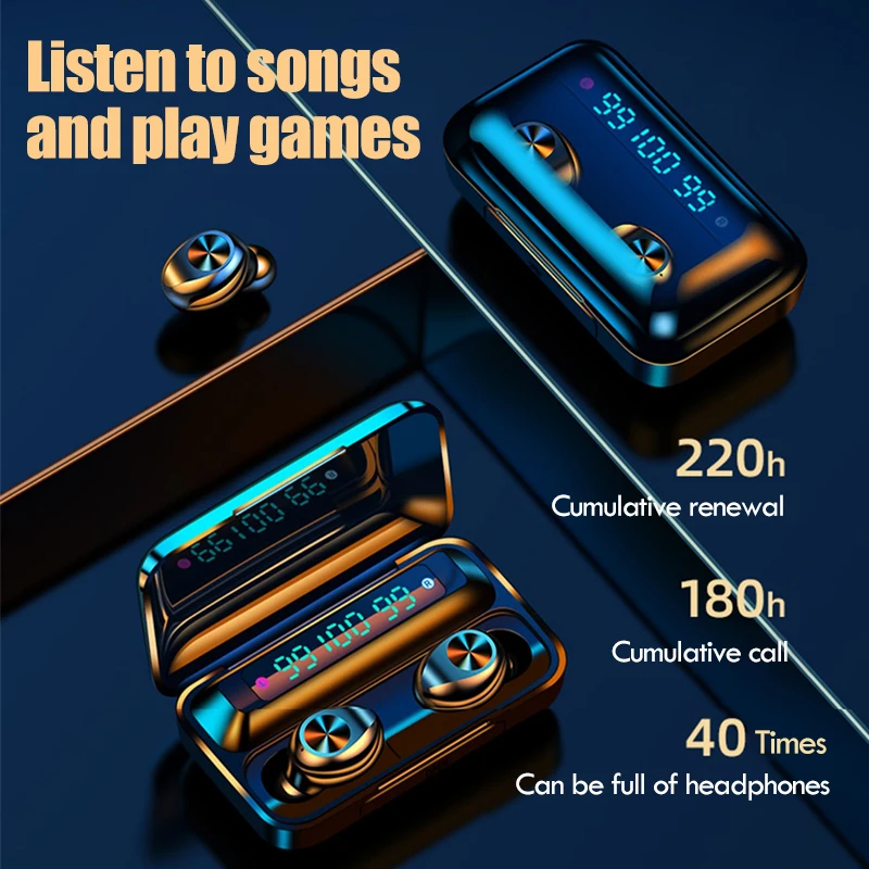 Oringinal F9 Bluetooth 5.0 Wireless Earphones With Mic Wireless 9D HiFi Stereo Earbuds Touch Control Sport Waterproof Headsets
