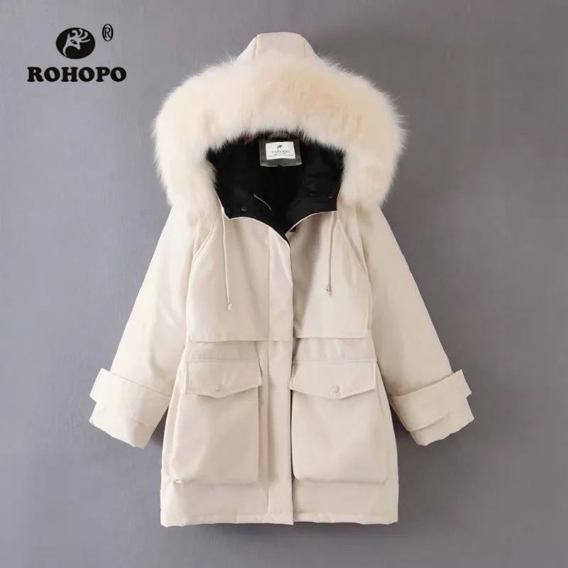 

ROHOPO Fox Fur Collar Hooded Down Jacket Coat Side Flaps Big Pockets Solid Cargo Straight Winter Overcoat #9296